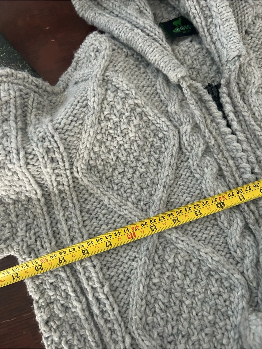 Wool Hooded Cable Knit Full Zip Cardigan Sweater Light Grey Made Ecuador Unisex